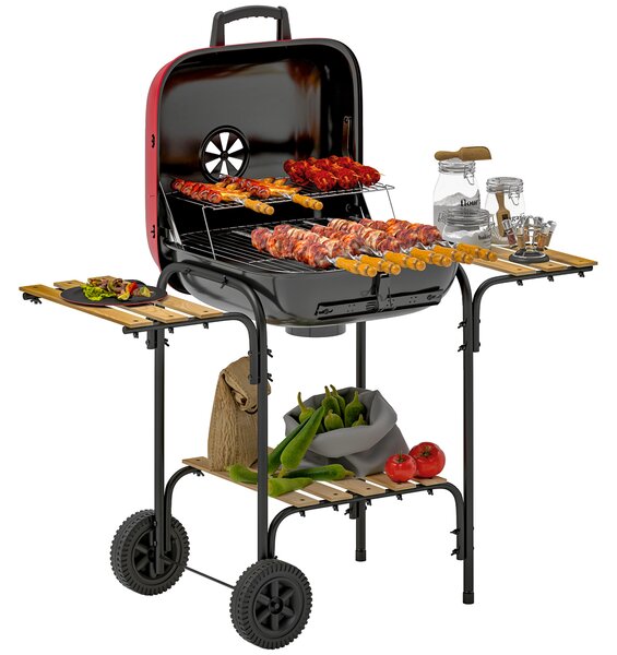 Outsunny Charcoal Barbecue Grill Portable BBQ Grill with 1840 cm² Cooking Area, 3 Shelves, Adjustable Vent, Lockable Lid, Wheels for Outdoor Cooking, Garden Party, Red