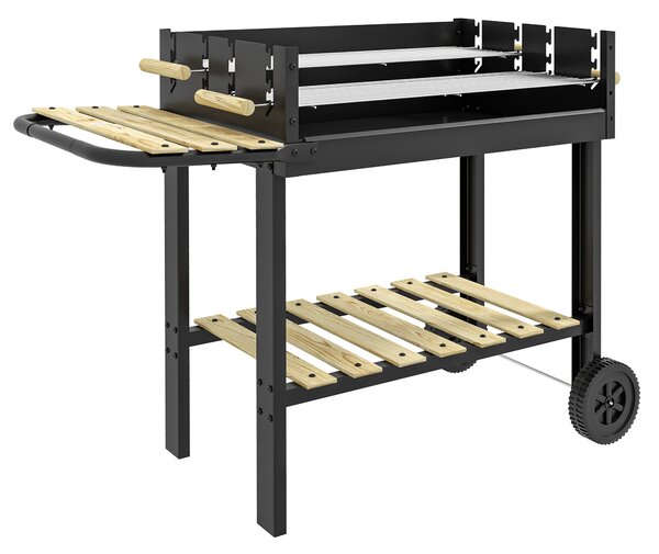 Outsunny Charcoal BBQ Grill, Barbecue Trolley with Double Adjustable Grill, Side Table, Storage Shelf and Wheels for Outdoor Garden Party Cooking, Black