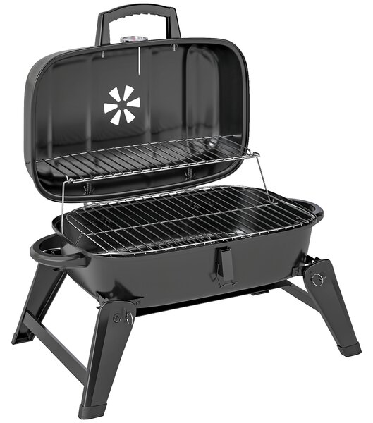 Outsunny Charcoal Barbecue Grill Folding BBQ Grill with 1232 cm² Cooking Area, Adjustable Vent, Thermometer, Handles for Camping Picnic, Black