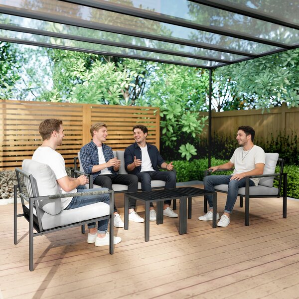 Outsunny 5 Piece Metal Garden Furniture Sofa Set with Thickened Cushions, Loveseat, 2 Armchairs, 2 Coffee Tables, Light Grey