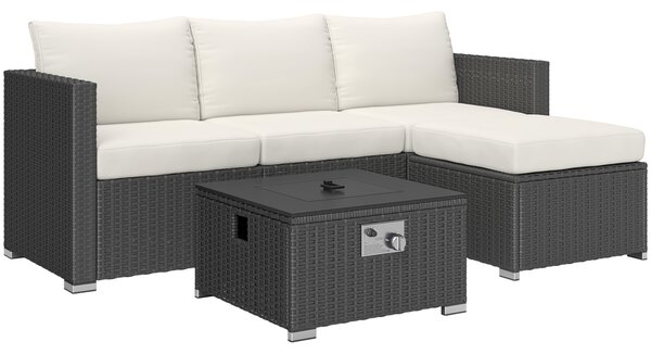 Outsunny Five Piece Rattan Garden Furniture Set with Gas Fire Pit Table and Footstool - Black and Cream White