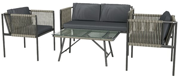 Outsunny 4 Piece Rattan Garden Furniture Set, 4 Seater Wicker Outdoor Furniture Set with 2 Armchairs, Loveseat, Glass Top Coffee Table and Cushions for Balcony, Porch, Grey