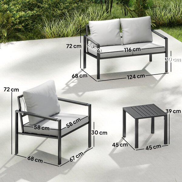 Outsunny 5 Piece Metal Garden Furniture Sofa Set with Thickened Cushions, Loveseat, 2 Armchairs, 2 Coffee Tables, Light Grey