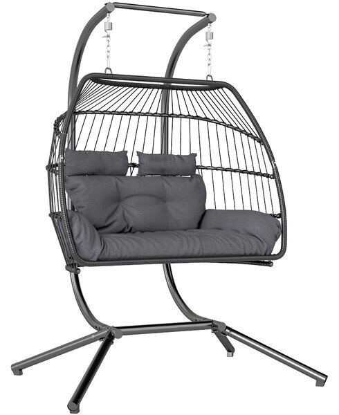 Outsunny Rattan Double Hanging Egg Chair with Stand, Foldable Wicker Swing Egg Chair with Cushion, Head Pillows, Steel Frame, Hammock Chair for Indoor Outdoor, Capacity 260 kg, Dark Grey