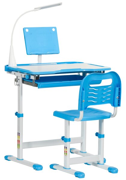 HOMCOM Kids Study Desk and Chair Set w/ Adjustable Height, Storage Drawer - Blue Aosom UK