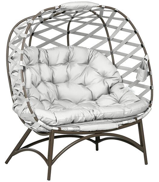 Outsunny 2 Seater Egg Chair Outdoor, Folding Weave Garden Furniture Chair with Cushion, Cup Pockets - Light Grey