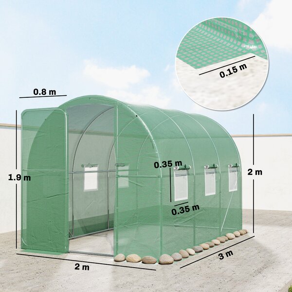 Outsunny 2 x 3 m Walk-in Polytunnel Greenhouse with Hinged Door and 6 Roll Up Mesh Windows, Garden Tunnel Warm House Tent, Green