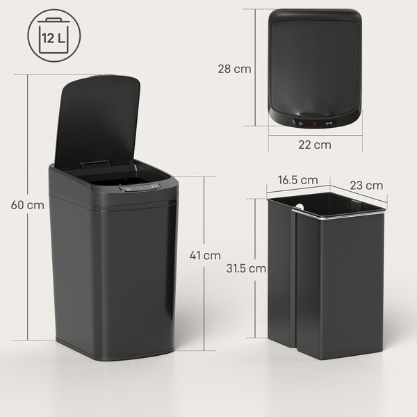 HOMCOM 12L Sensor Bin, Automatic Touchless Motion Sensor Kitchen Bin with Fingerprint Resistant Stainless Steel, Black