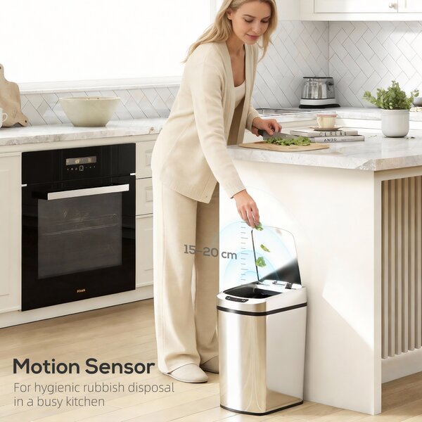 HOMCOM 12L Sensor Bin, Automatic Touchless Motion Sensor Kitchen Bin with Fingerprint Resistant Stainless Steel, Silver