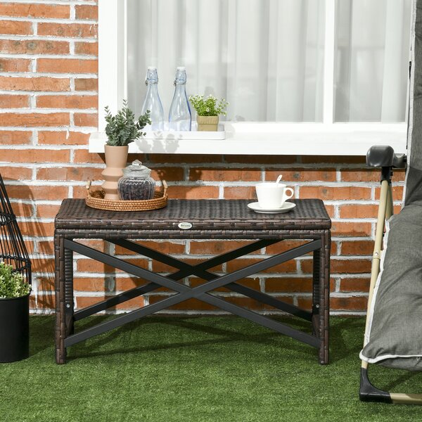 Outsunny PE Rattan Garden Side Table, Outdoor Coffee Table with X-Shape Frame, Mixed Brown