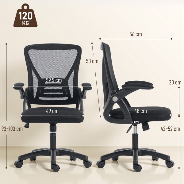 HOMCOM Office Chair, Mesh Desk Chair with Flip-up Armrests, Lumbar Support, Adjustable Height, Black