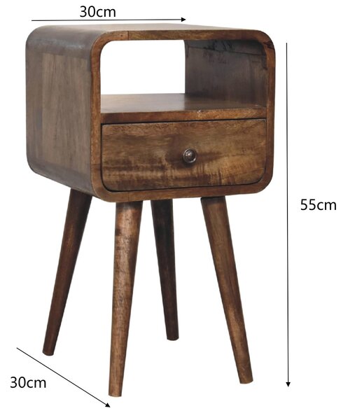 Solid Mango Wood Mini Curved Bedside Table with Drawer and Open Shelf, Desk with Aged Weathered Finish, 30L x 30W x 55H cm, Brown Aosom UK
