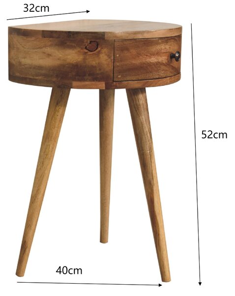 Solid Mango Wood Mini Circular Bedside Table with Smooth-Glide Drawer and Oak-Effect Finish, Desk for Bedroom, 32L x 40W x 52H cm, Brown Aosom UK