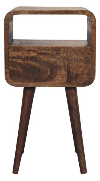 Solid Mango Wood Mini Curved Bedside Table with Drawer and Open Shelf, Desk with Aged Weathered Finish, 30L x 30W x 55H cm, Brown Aosom UK