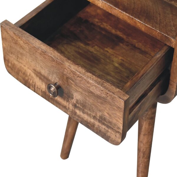 Solid Mango Wood Mini Curved Bedside Table with Drawer and Open Shelf, Desk with Aged Weathered Finish, 30L x 30W x 55H cm, Brown Aosom UK
