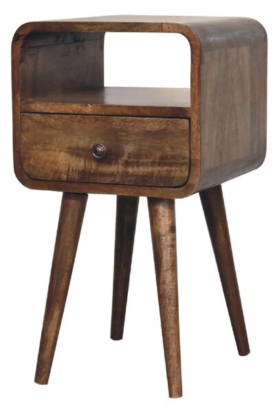 Solid Mango Wood Mini Curved Bedside Table with Drawer and Open Shelf, Desk with Aged Weathered Finish, 30L x 30W x 55H cm, Brown Aosom UK