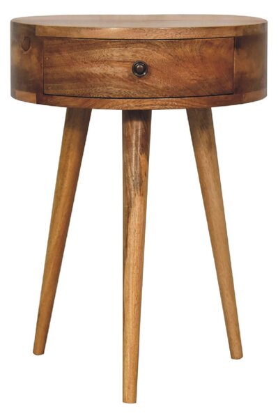 Solid Mango Wood Mini Circular Bedside Table with Smooth-Glide Drawer and Oak-Effect Finish, Desk for Bedroom, 32L x 40W x 52H cm, Brown Aosom UK