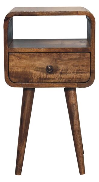 Solid Mango Wood Mini Curved Bedside Table with Drawer and Open Shelf, Desk with Aged Weathered Finish, 30L x 30W x 55H cm, Brown Aosom UK