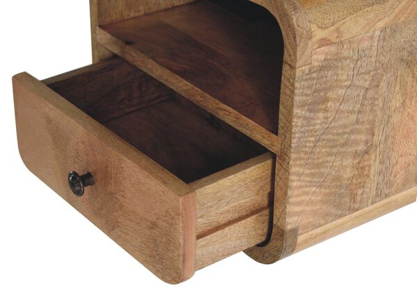 Solid Mango Wood Wall-Mounted Mini Bedside Table with Open Slot and Drawer, Space-Saving Desk with Curved Design, 25L x 30W x 25H cm, Brown Aosom UK