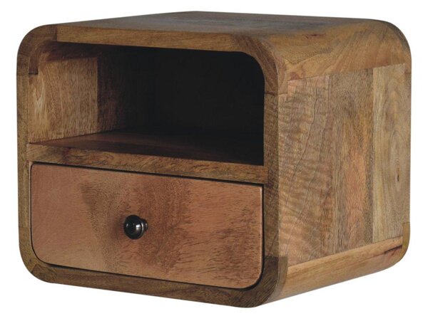 Solid Mango Wood Wall-Mounted Mini Bedside Table with Open Slot and Drawer, Space-Saving Desk with Curved Design, 25L x 30W x 25H cm, Brown Aosom UK