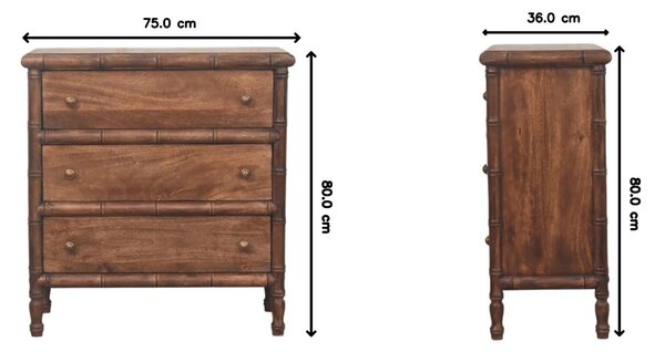 Solid Mango Wood 3-Drawer Chest with Turned Spindle Legs, Bedside Cabinet with Generous Organisation Drawers, 36L x 75W x 80H cm, Brown Aosom UK