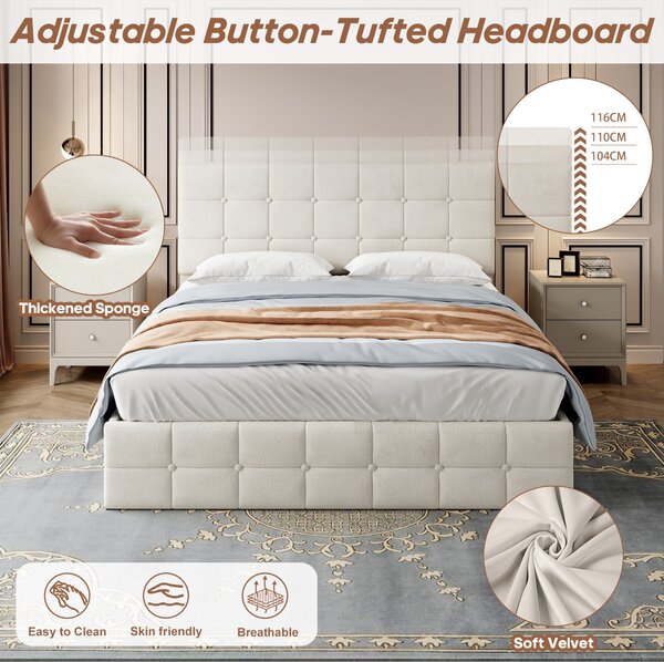 Upholstered Double Bed with Hydraulic Storage, Adjustable Button Tufted Headboard, Velvet Ottoman Bed Frame, 195L x 145W x 116H cm, Beige Aosom.UK