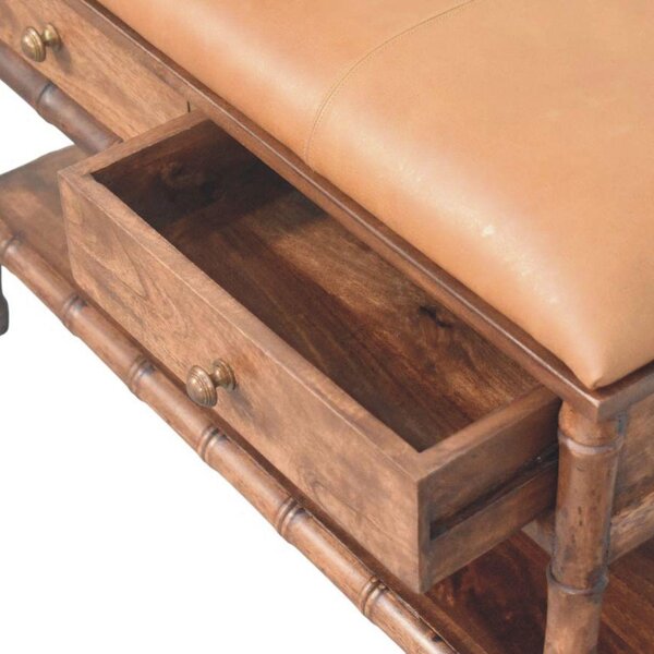 Solid Mango Wood Storage Bench with 2 Smooth-Gliding Drawers, High-Resilience Cushioned Seat with Shelf, 35L x 90W x 55H cm, Brown Aosom UK