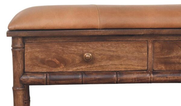 Solid Mango Wood Storage Bench with 2 Smooth-Gliding Drawers, High-Resilience Cushioned Seat with Shelf, 35L x 90W x 55H cm, Brown Aosom UK