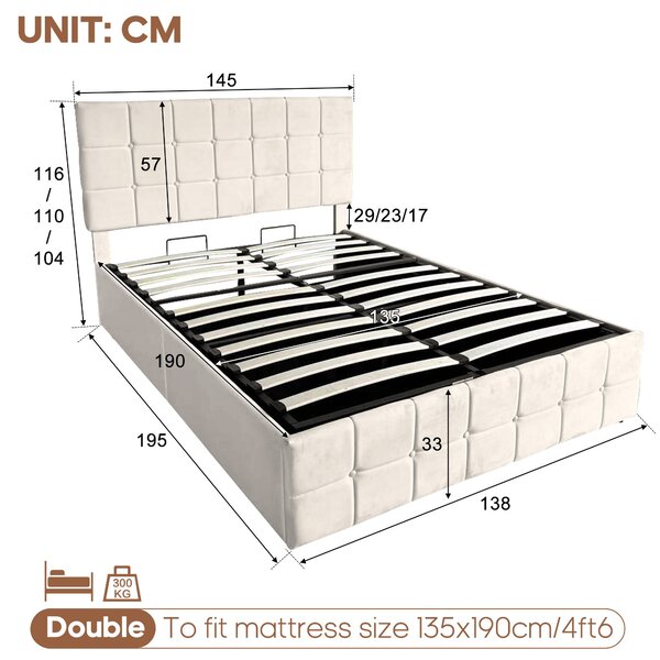 Upholstered Double Bed with Hydraulic Storage, Adjustable Button Tufted Headboard, Velvet Ottoman Bed Frame, 195L x 145W x 116H cm, Beige Aosom.UK