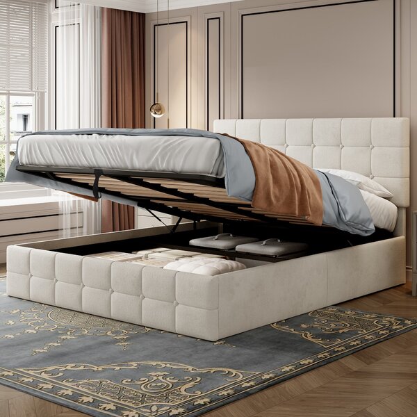 Upholstered Double Bed with Hydraulic Storage, Adjustable Button Tufted Headboard, Velvet Ottoman Bed Frame, 195L x 145W x 116H cm, Beige Aosom.UK