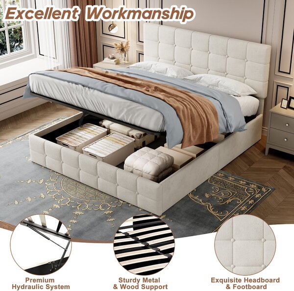 Upholstered Double Bed with Hydraulic Storage, Adjustable Button Tufted Headboard, Velvet Ottoman Bed Frame, 195L x 145W x 116H cm, Beige Aosom.UK