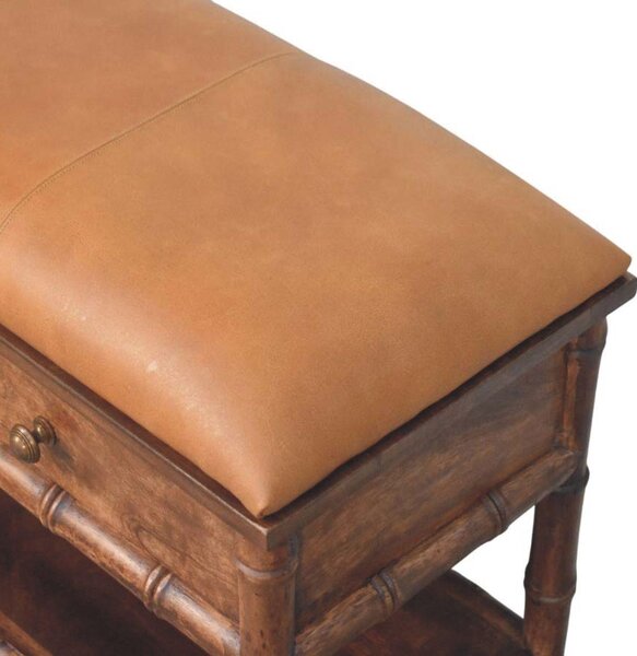 Solid Mango Wood Storage Bench with 2 Smooth-Gliding Drawers, High-Resilience Cushioned Seat with Shelf, 35L x 90W x 55H cm, Brown Aosom UK