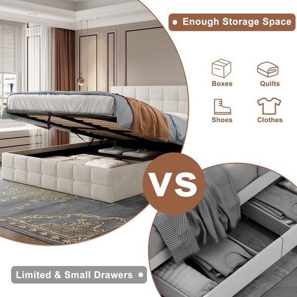 Upholstered Double Bed with Hydraulic Storage, Adjustable Button Tufted Headboard, Velvet Ottoman Bed Frame, 195L x 145W x 116H cm, Beige Aosom.UK