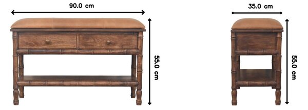 Solid Mango Wood Storage Bench with 2 Smooth-Gliding Drawers, High-Resilience Cushioned Seat with Shelf, 35L x 90W x 55H cm, Brown Aosom UK