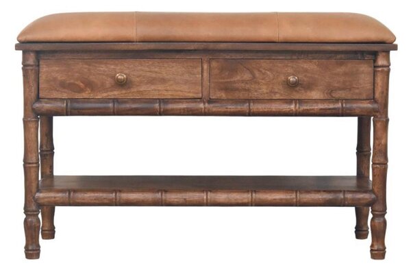 Solid Mango Wood Storage Bench with 2 Smooth-Gliding Drawers, High-Resilience Cushioned Seat with Shelf, 35L x 90W x 55H cm, Brown Aosom UK