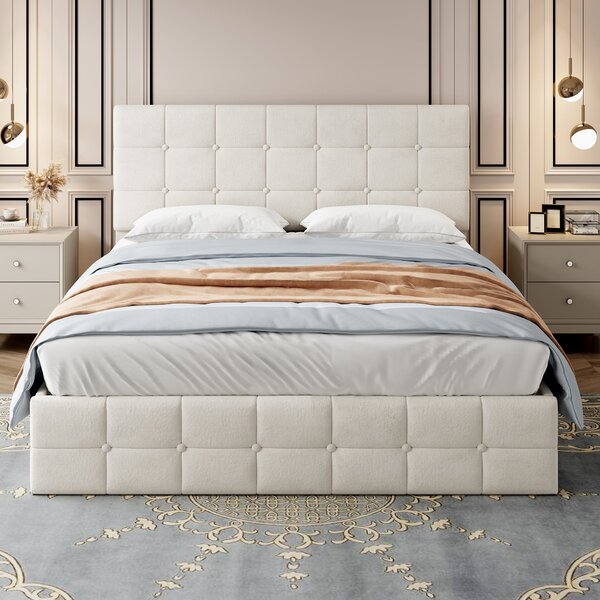 Upholstered Double Bed with Hydraulic Storage, Adjustable Button Tufted Headboard, Velvet Ottoman Bed Frame, 195L x 145W x 116H cm, Beige Aosom.UK