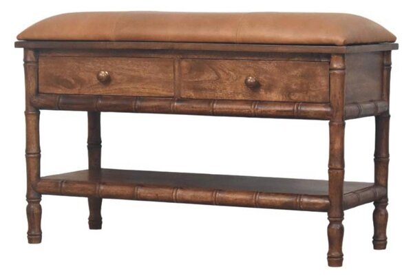 Solid Mango Wood Storage Bench with 2 Smooth-Gliding Drawers, High-Resilience Cushioned Seat with Shelf, 35L x 90W x 55H cm, Brown Aosom UK