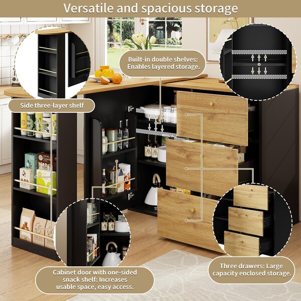 Extendable Bar Table with Pull-Out System and Snack Compartment, Kitchen Island with Drawers, Shelves, 138L x 39W x 104H cm, Black+Natural Aosom UK