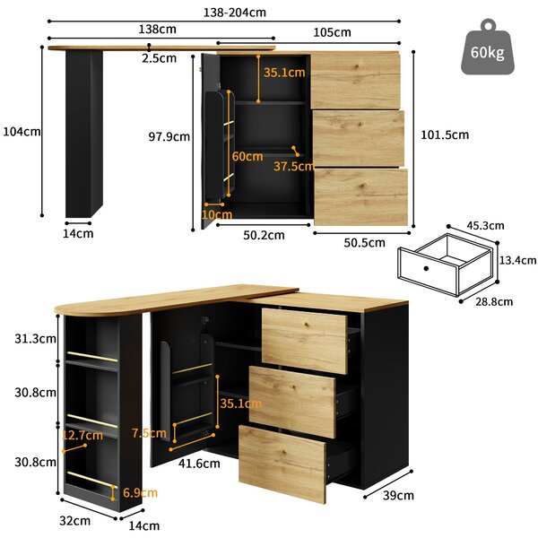 Extendable Bar Table with Pull-Out System and Snack Compartment, Kitchen Island with Drawers, Shelves, 138L x 39W x 104H cm, Black+Natural Aosom UK