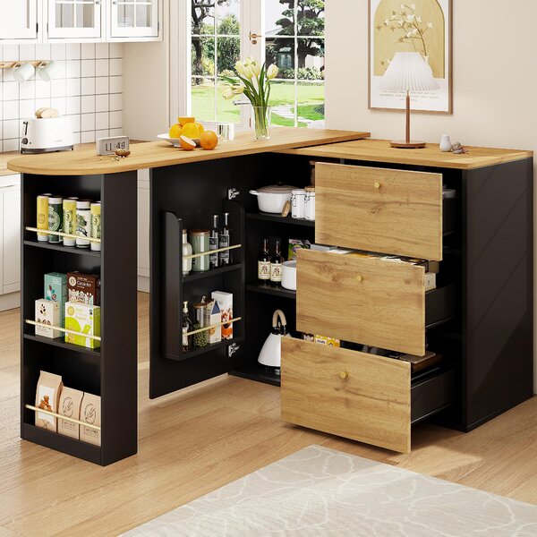 Extendable Bar Table with Pull-Out System and Snack Compartment, Kitchen Island with Drawers, Shelves, 138L x 39W x 104H cm, Black+Natural Aosom UK