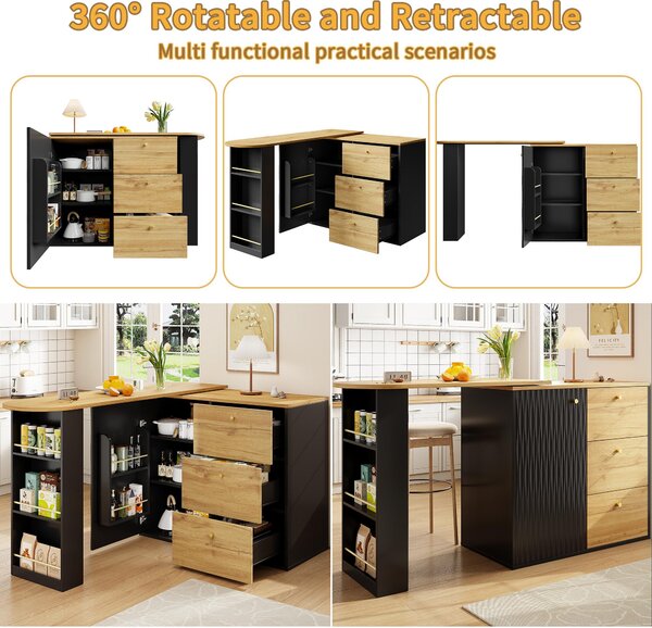 Extendable Bar Table with Pull-Out System and Snack Compartment, Kitchen Island with Drawers, Shelves, 138L x 39W x 104H cm, Black+Natural Aosom UK