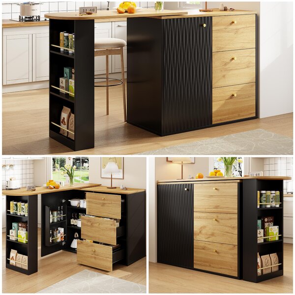Extendable Bar Table with Pull-Out System and Snack Compartment, Kitchen Island with Drawers, Shelves, 138L x 39W x 104H cm, Black+Natural Aosom UK