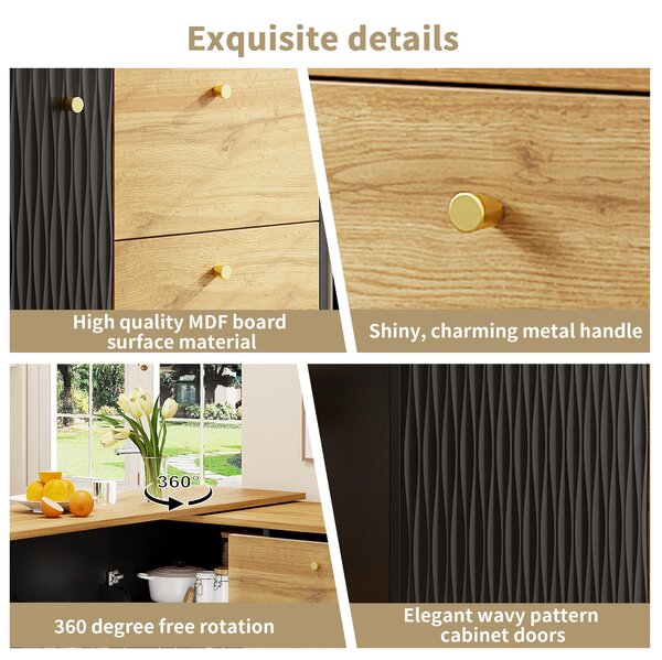Extendable Bar Table with Pull-Out System and Snack Compartment, Kitchen Island with Drawers, Shelves, 138L x 39W x 104H cm, Black+Natural Aosom UK