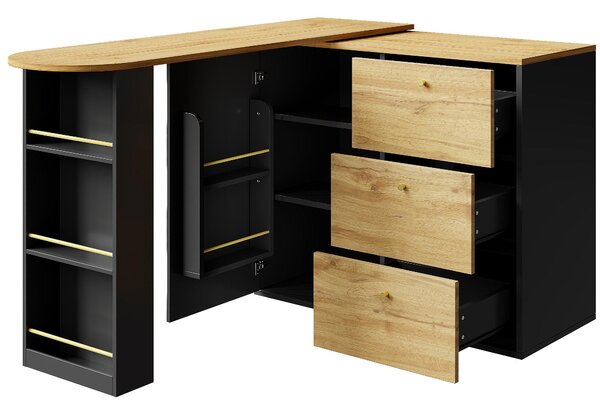 Extendable Bar Table with Pull-Out System and Snack Compartment, Kitchen Island with Drawers, Shelves, 138L x 39W x 104H cm, Black+Natural Aosom UK