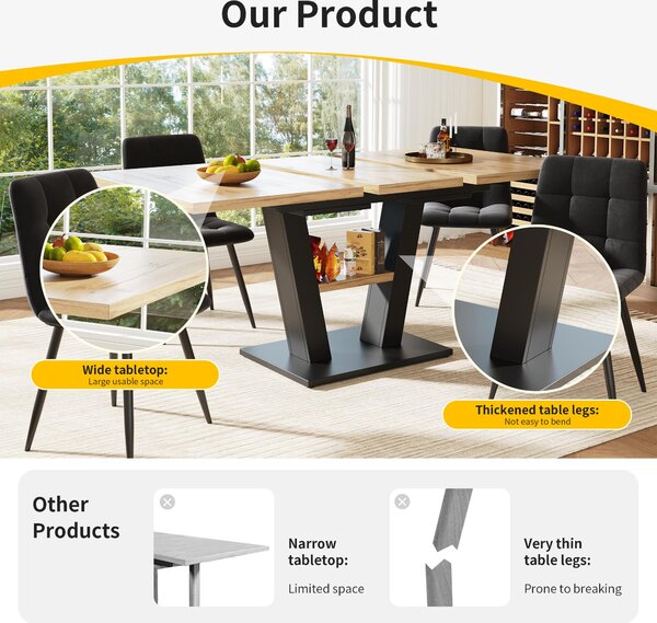 Extendable Dining Table, Marble-Effect MDF Top, V-Shaped Metal Legs, Space-Saving Desk/Table for 6-8, 118x70x75 cm, Black/Natural Aosom UK