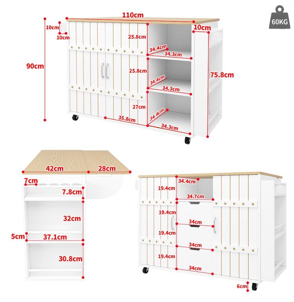 Kitchen Island Trolley with Fold-Out Worktop, Aluminium Handles, 2 Lockable Castors, Rolling Serving Cart, 10L x 42W x 90H cm, White Aosom UK