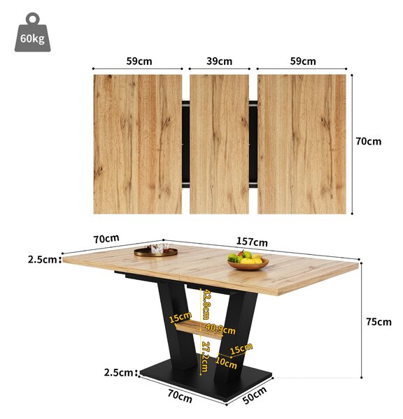 Extendable Dining Table, Marble-Effect MDF Top, V-Shaped Metal Legs, Space-Saving Desk/Table for 6-8, 118x70x75 cm, Black/Natural Aosom UK