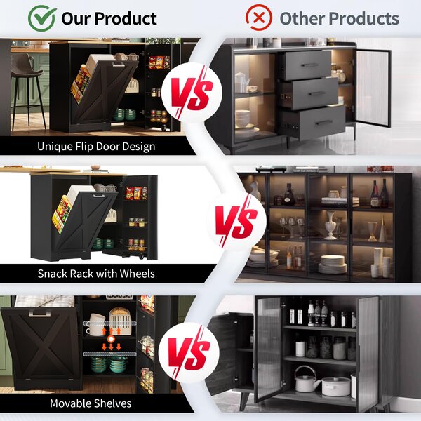 360° Rotating Kitchen Island with Folding 3D Textured Doors and Side Shelves, Swivel Sideboard for Kitchen, 138L x 38W x 105.5H cm, Black Aosom UK