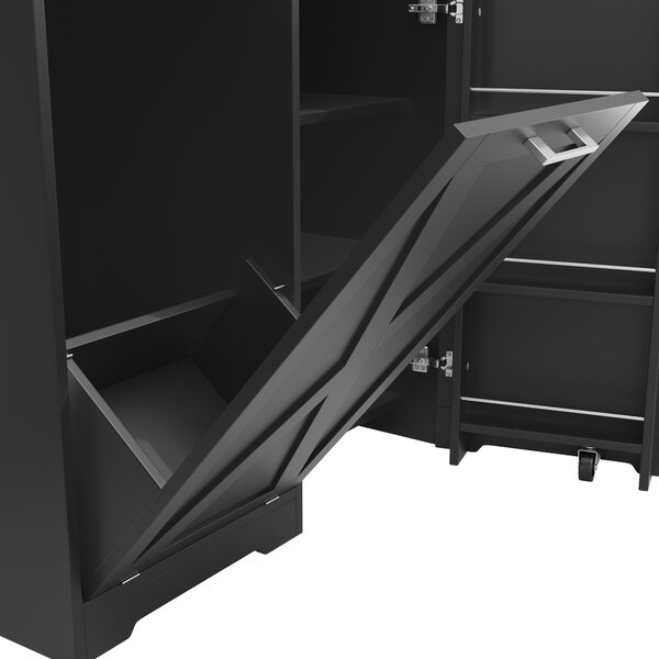 360° Rotating Kitchen Island with Folding 3D Textured Doors and Side Shelves, Swivel Sideboard for Kitchen, 138L x 38W x 105.5H cm, Black Aosom UK