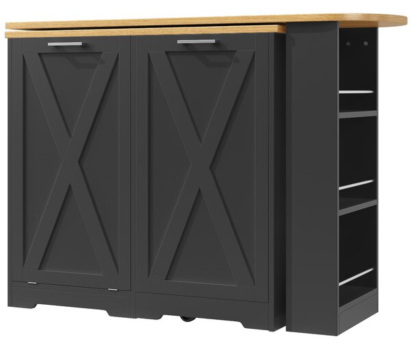 360° Rotating Kitchen Island with Folding 3D Textured Doors and Side Shelves, Swivel Sideboard for Kitchen, 138L x 38W x 105.5H cm, Black Aosom UK